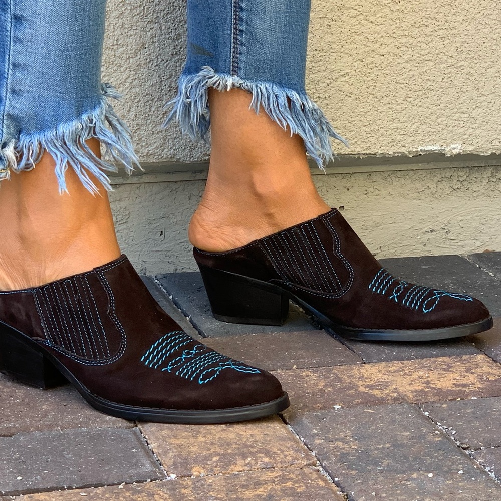 Anthropologie Dark Brown Suede Mules with Blue Stitching